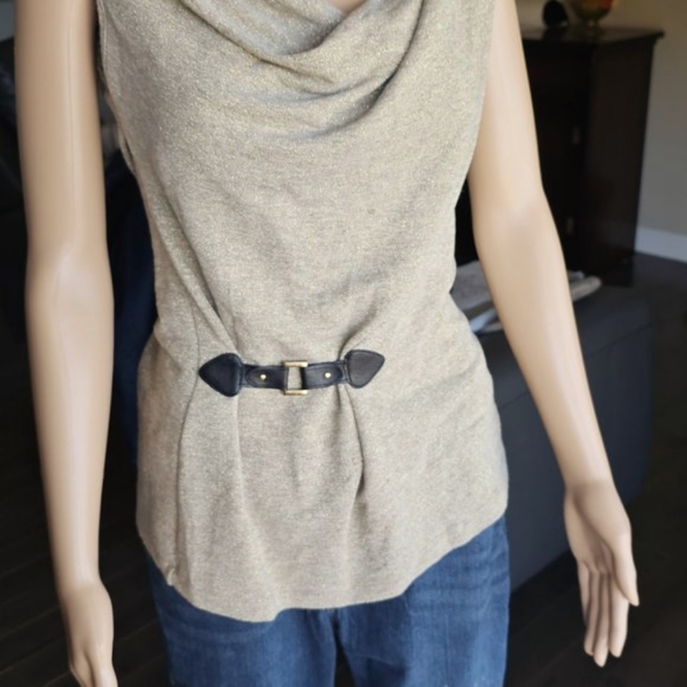 XOXO Shirt Sleeveless Gold Gray Drape Neck Sparkle Buckle Size Small